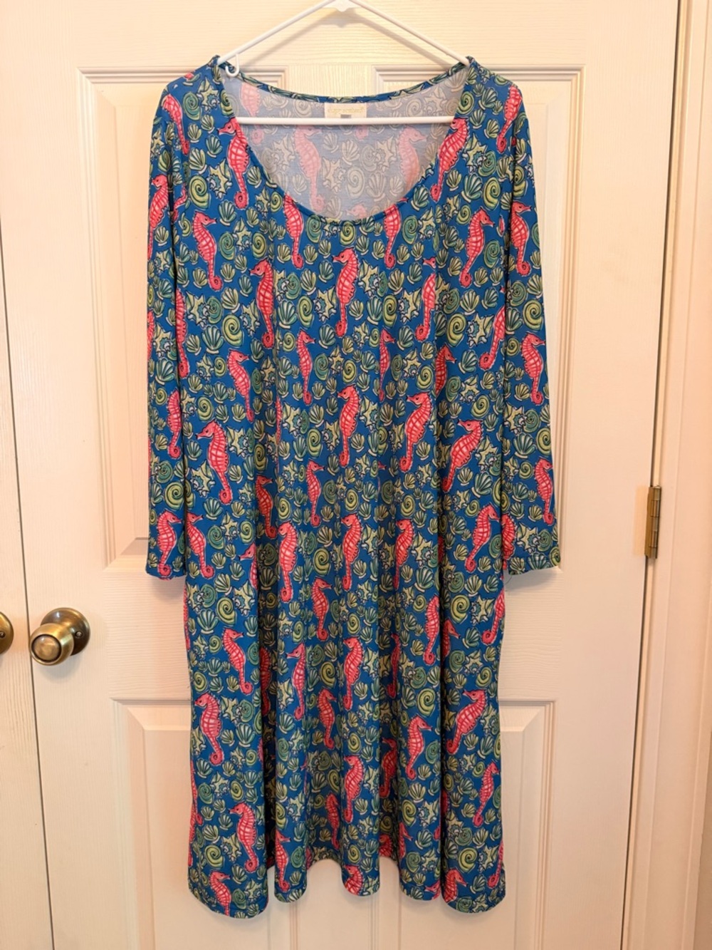 XL Simply Southern Blue Swing Dress with Pink Seahorse Print